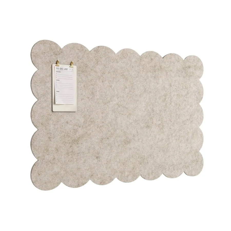 Grey scalloped edge bulletin board with a small to-do list notepad attached at the top left corner.