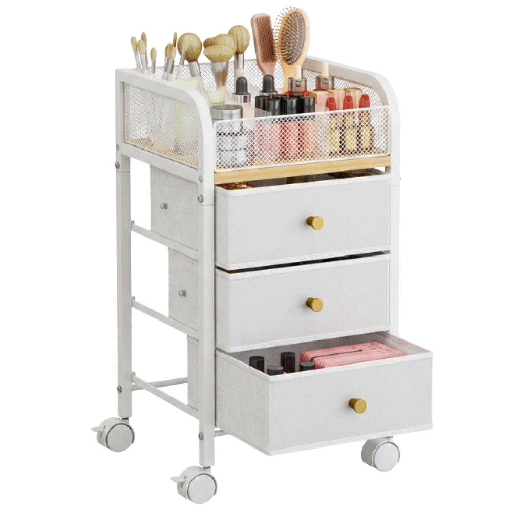 White rolling cart with four drawers and a top compartment holding makeup brushes, skincare, and beauty products, with a white mesh cover.