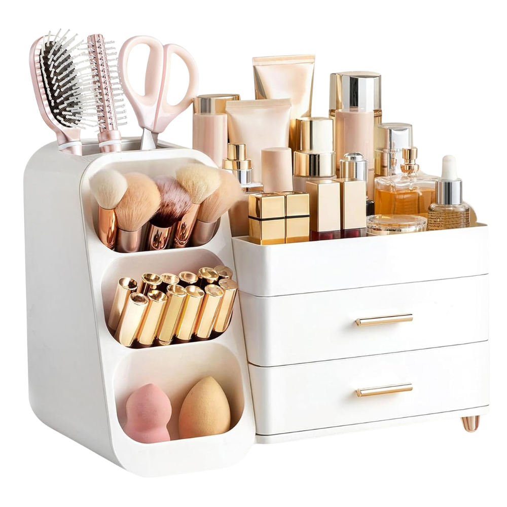 A cosmetic organizing box with brushes, scissors, lipstick tubes, skincare products, and makeup sponges.
