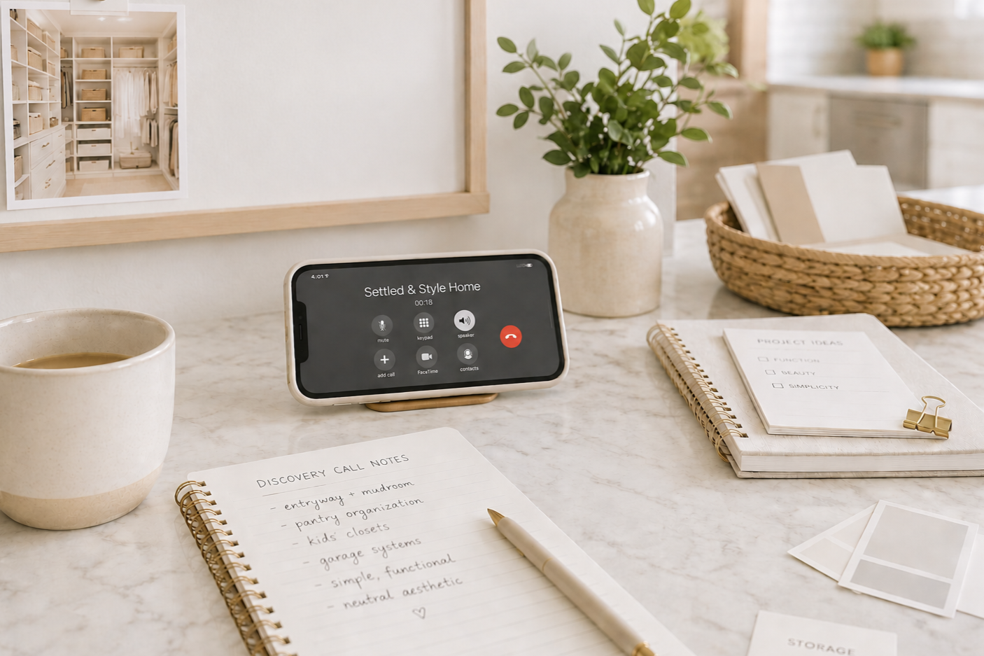 Home organization discovery call on phone with notebook and planner on a styled desk