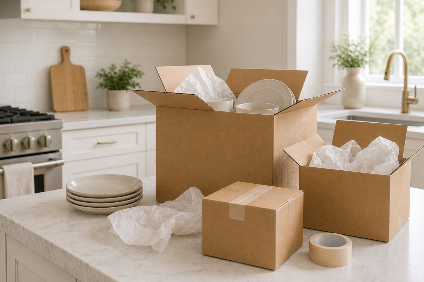 Moving boxes unpacked on a kitchen counter during a home move-in setup