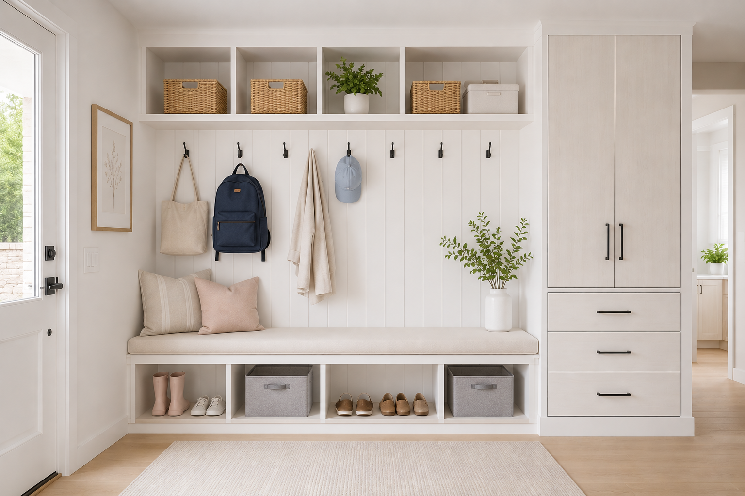 Organized entryway with built-in shelving, hooks, and storage baskets in a styled home, DMV