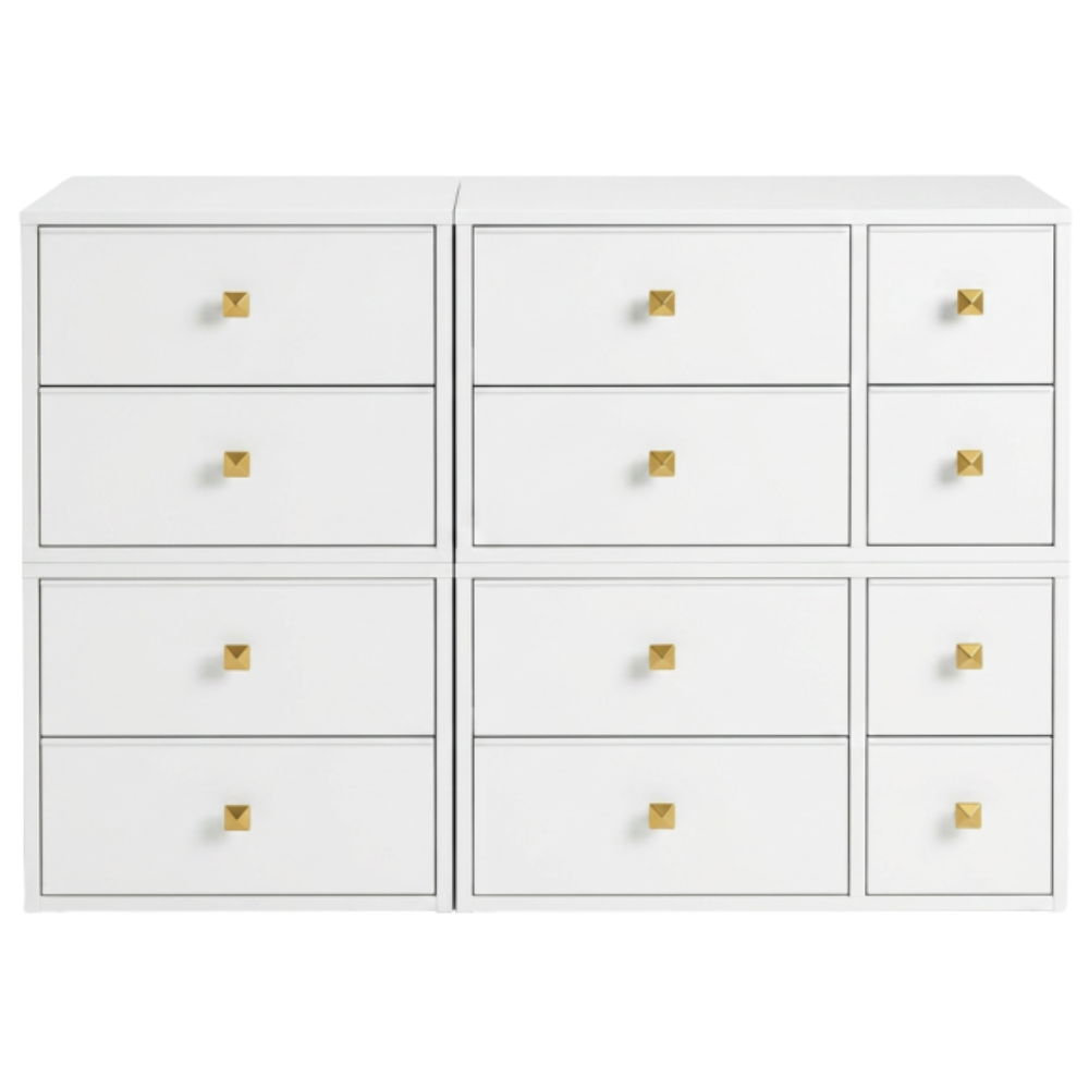 White wooden dresser with nine drawers, each with a gold square knob, arranged in a 3x3 grid.