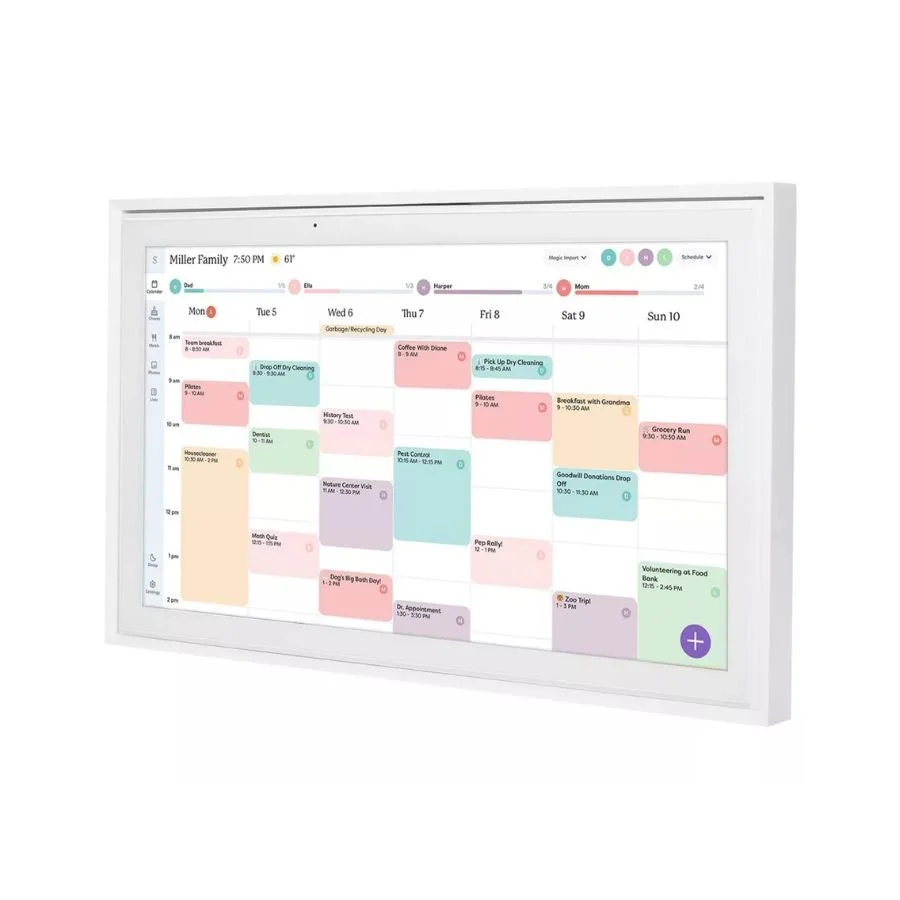 A digital family schedule on a whiteboard screen showing appointments and activities for each day of the week.