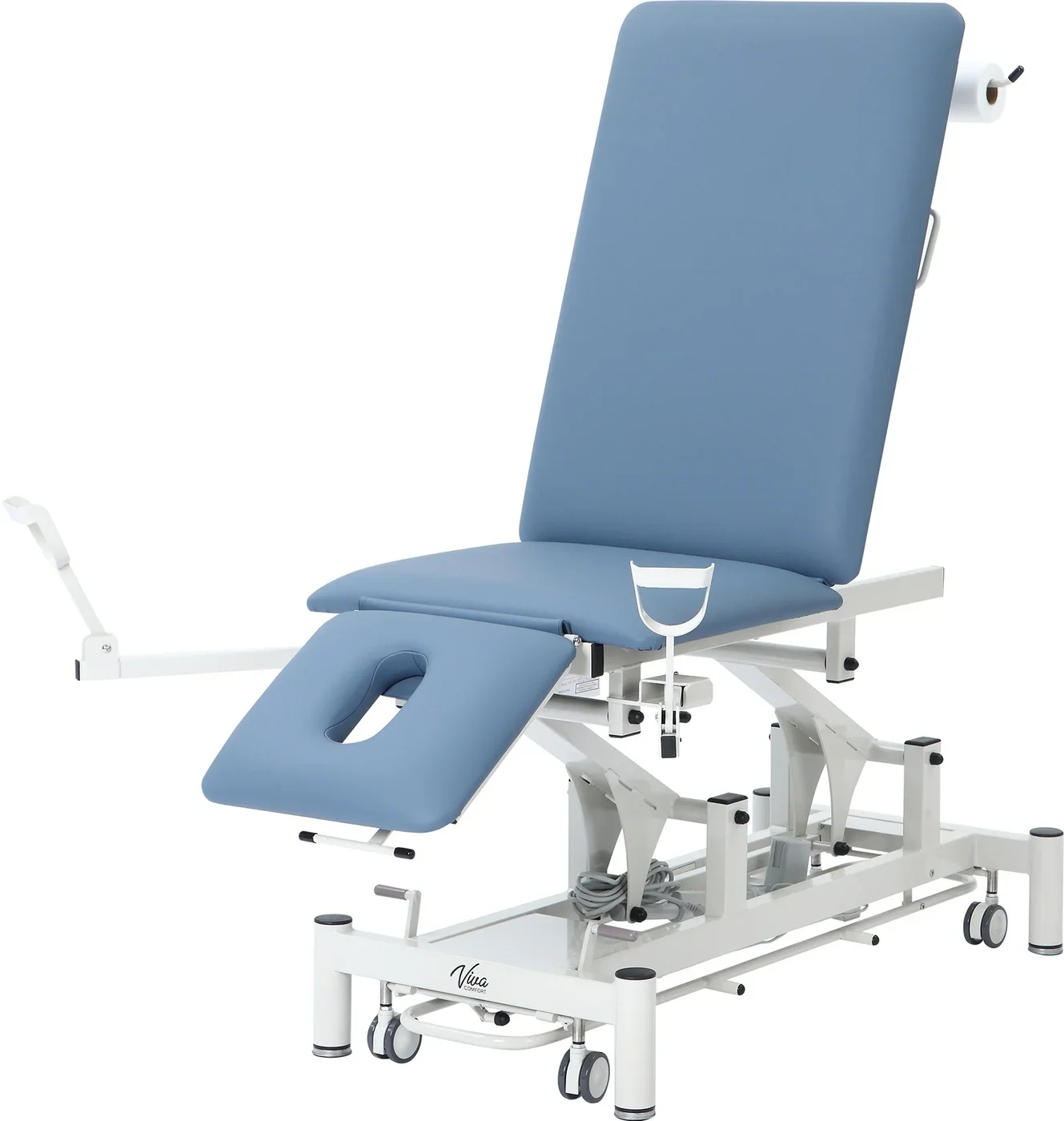 Power Hi-Lo Exam Table. Open Base w/ Adjustable Back, Drop Section, Antimicrobial Upholstery, Stirrups & Casters