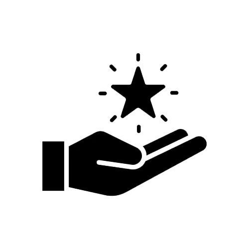 Outline of a hand holding a star-shaped award or prize, with small lines indicating sparkle or shine around the star.