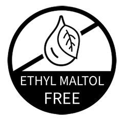 Label indicating a product is ethyl maltol free, with a leaf illustration crossed out.