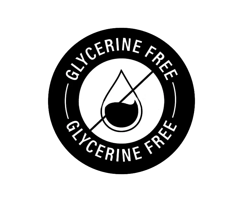 Glycerine free label with a circular design, featuring a water droplet and a line crossing through it, indicating the product is glycerine free.