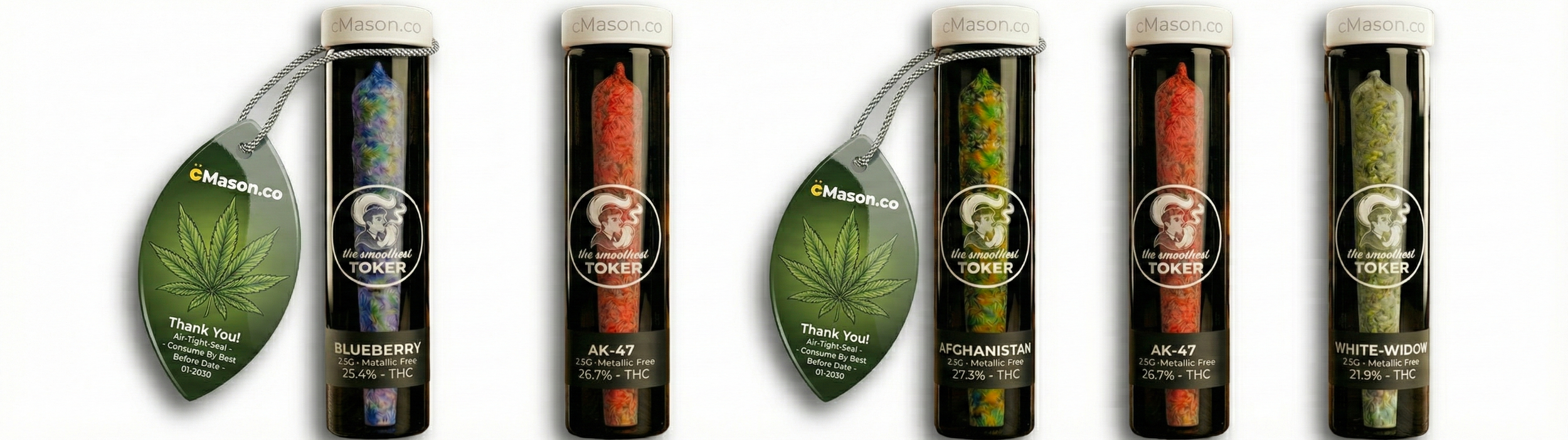 Six vape cartridges labeled with different strains and THC percentages, alongside a green cannabis leaf graphic on a tag.