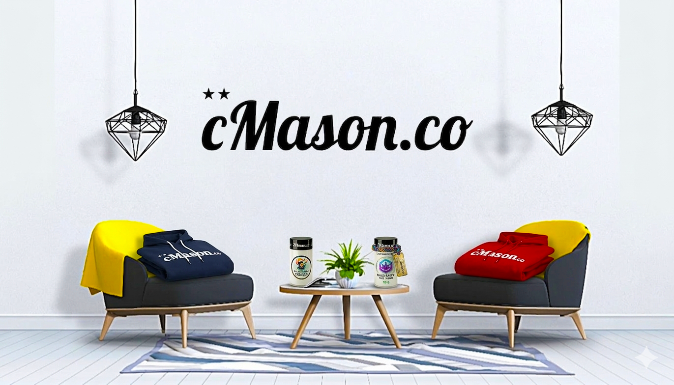 Living room with two black armchairs, one with a yellow throw and the other with a red hoodie, a small round table with two containers and a small plant, a striped rug, and a wall with 'cMason.co' written on it, flanked by two geometric ceiling lights.
