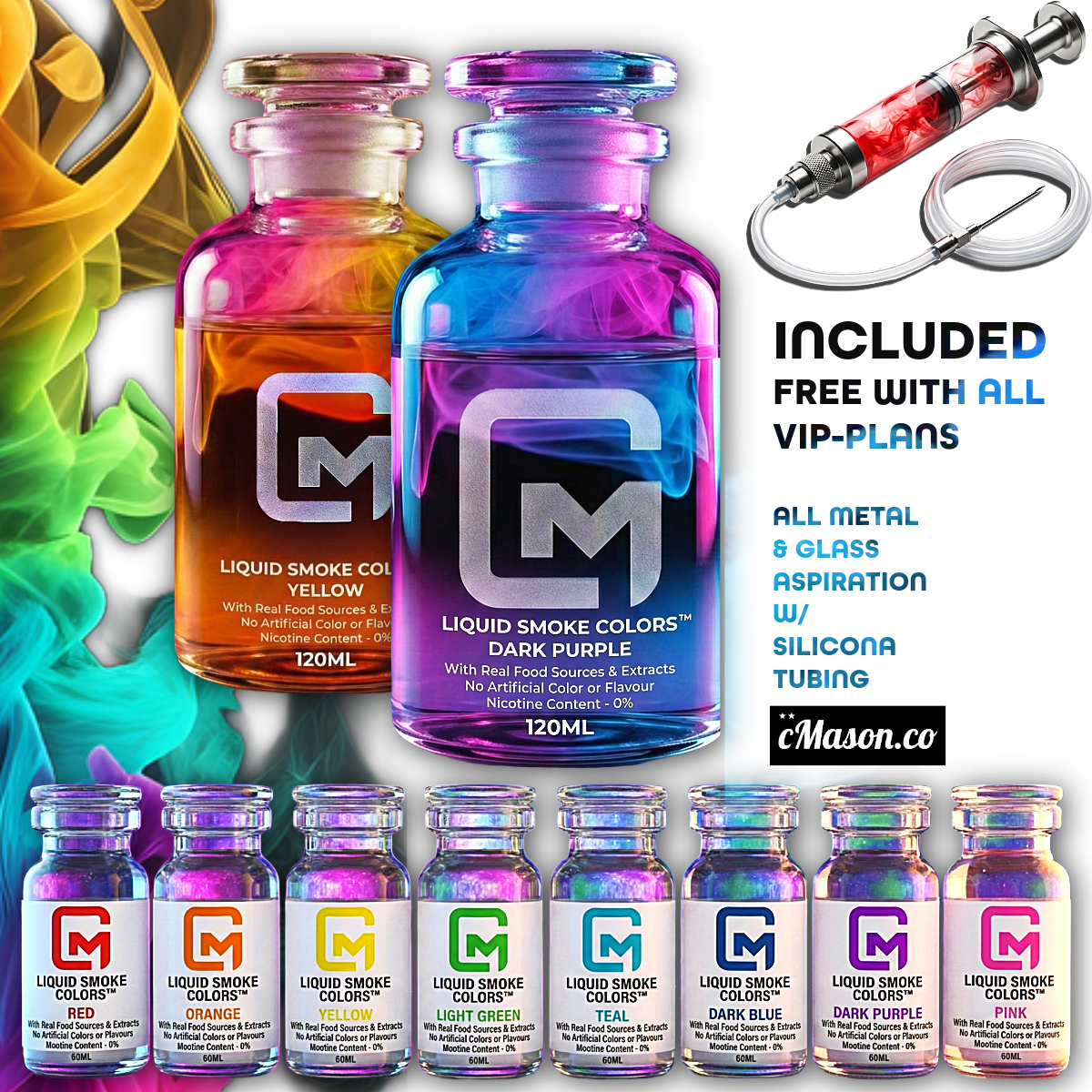 Colorful bottles of liquid smoke colors with labels in various colors including red, orange, yellow, light green, teal, dark blue, dark purple, and pink, along with an inhaler device, and promotional text about free inclusion with VIP plans, all-metal and glass aspiration, silicone tubing, and the website cMason.co.