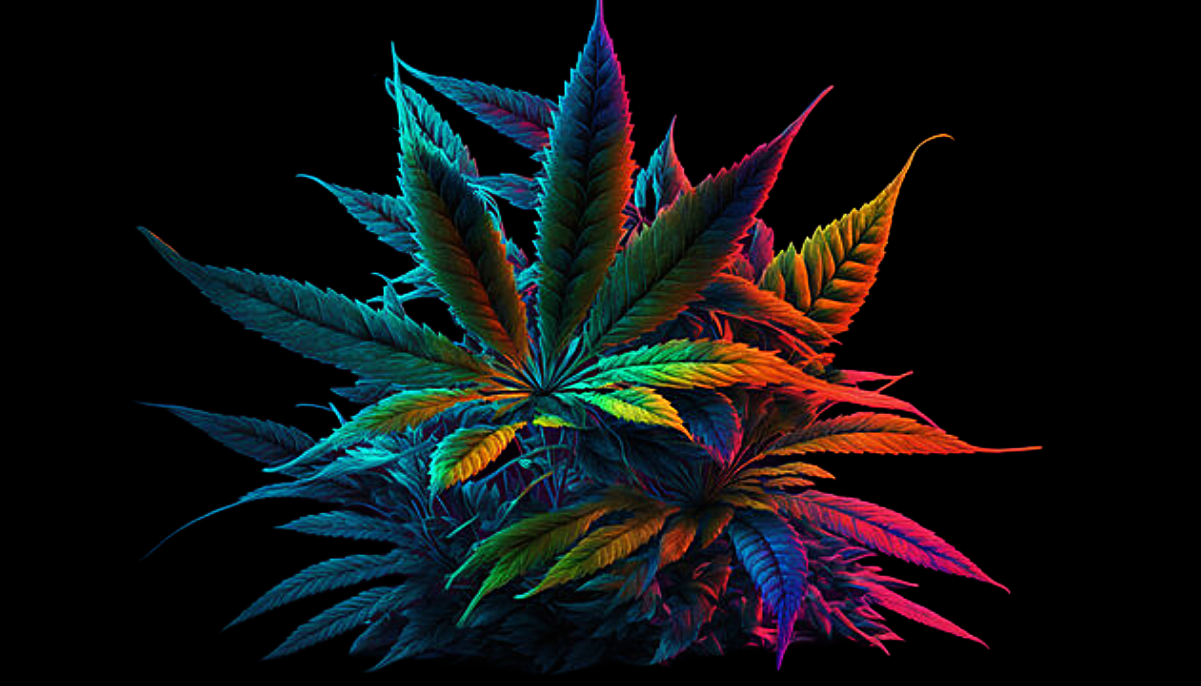 Colorful illuminated cannabis leaves on black background