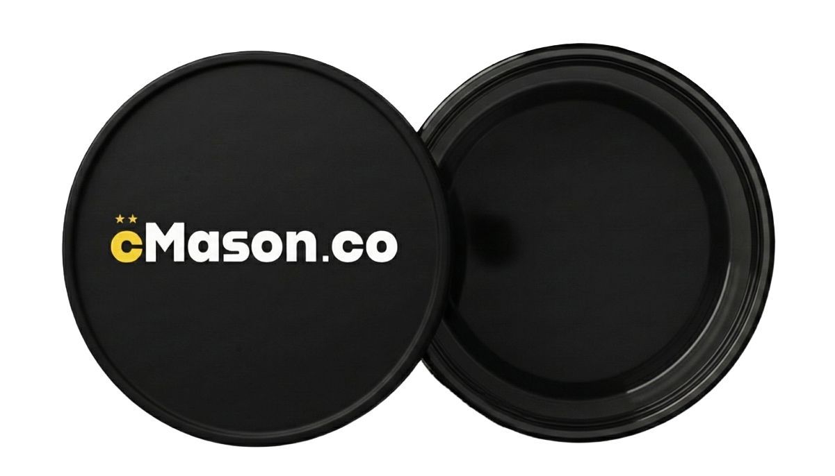 Open black round container with the lid next to it, displaying the logo 'cMason.co' in yellow and white text, along with two small yellow stars.