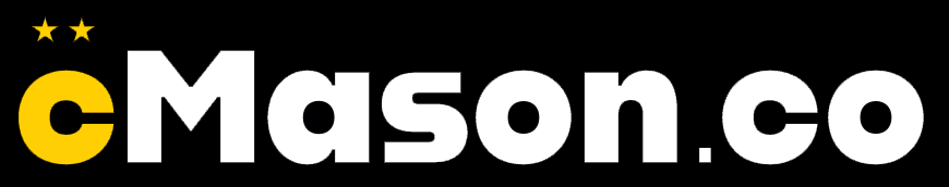 Logo of cMason.co with two yellow stars above and a black background.