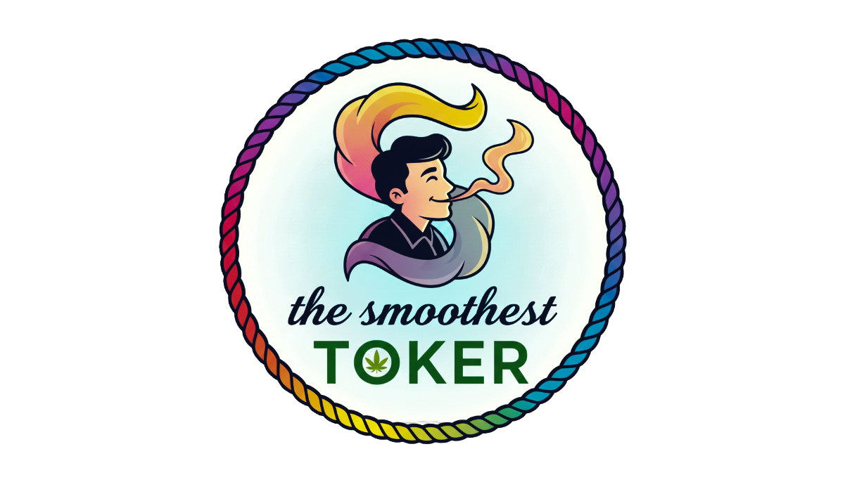 Logo featuring a smiling young man with colorful hair smoking. Text reads "the smoothest TOKER" with a cannabis leaf inside the letter O in "TOKER." The logo is bordered by a multicolored rope circle.