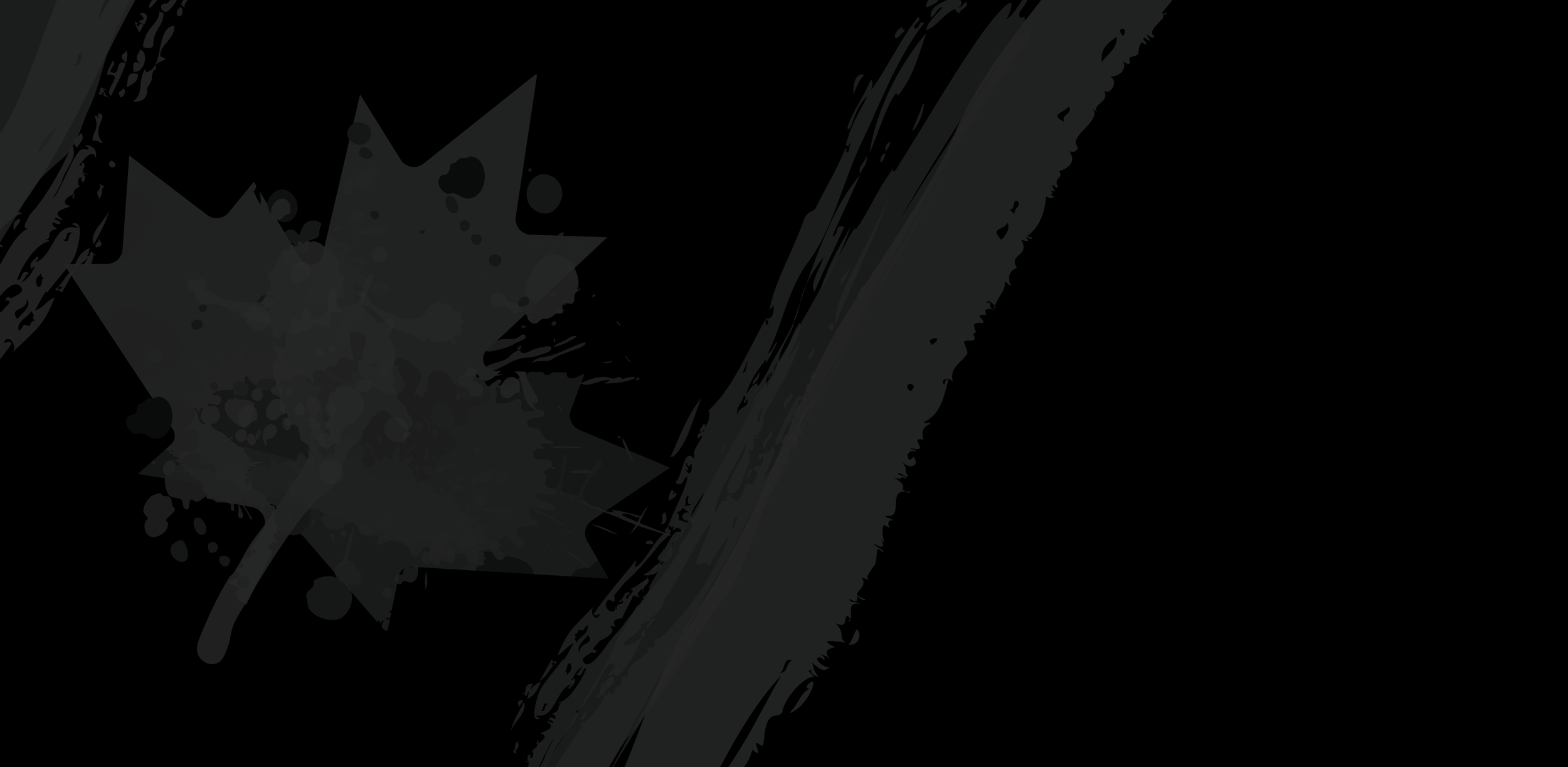 A black background with a dark gray stylized maple leaf and abstract brush strokes.