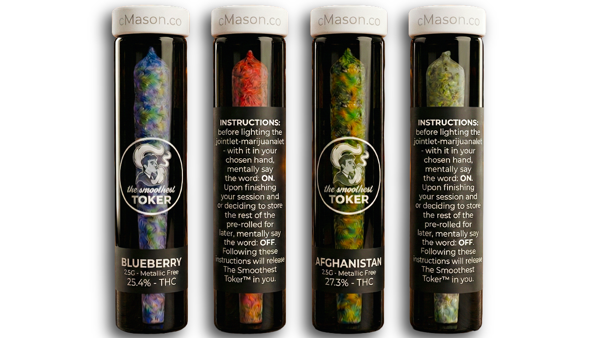 Four jars of cannabis pre-rolls with different strains: Blueberry, Afghanistan, and two unknown strains, each labeled with THC percentage and instructions.