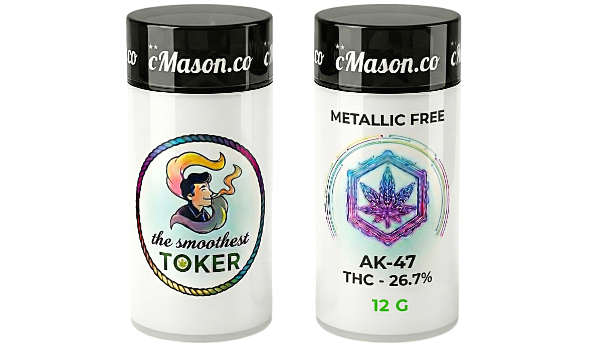 Two containers of cannabis products; one labeled "the smoothest TOKER" with a cartoon woman smoking, and the other labeled "METALLIC FREE AK-47 THC - 26.7%" with a cannabis leaf design.