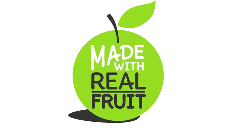 Green circle with a cherry shape, containing the text 'Made with real fruit' in white and black letters.