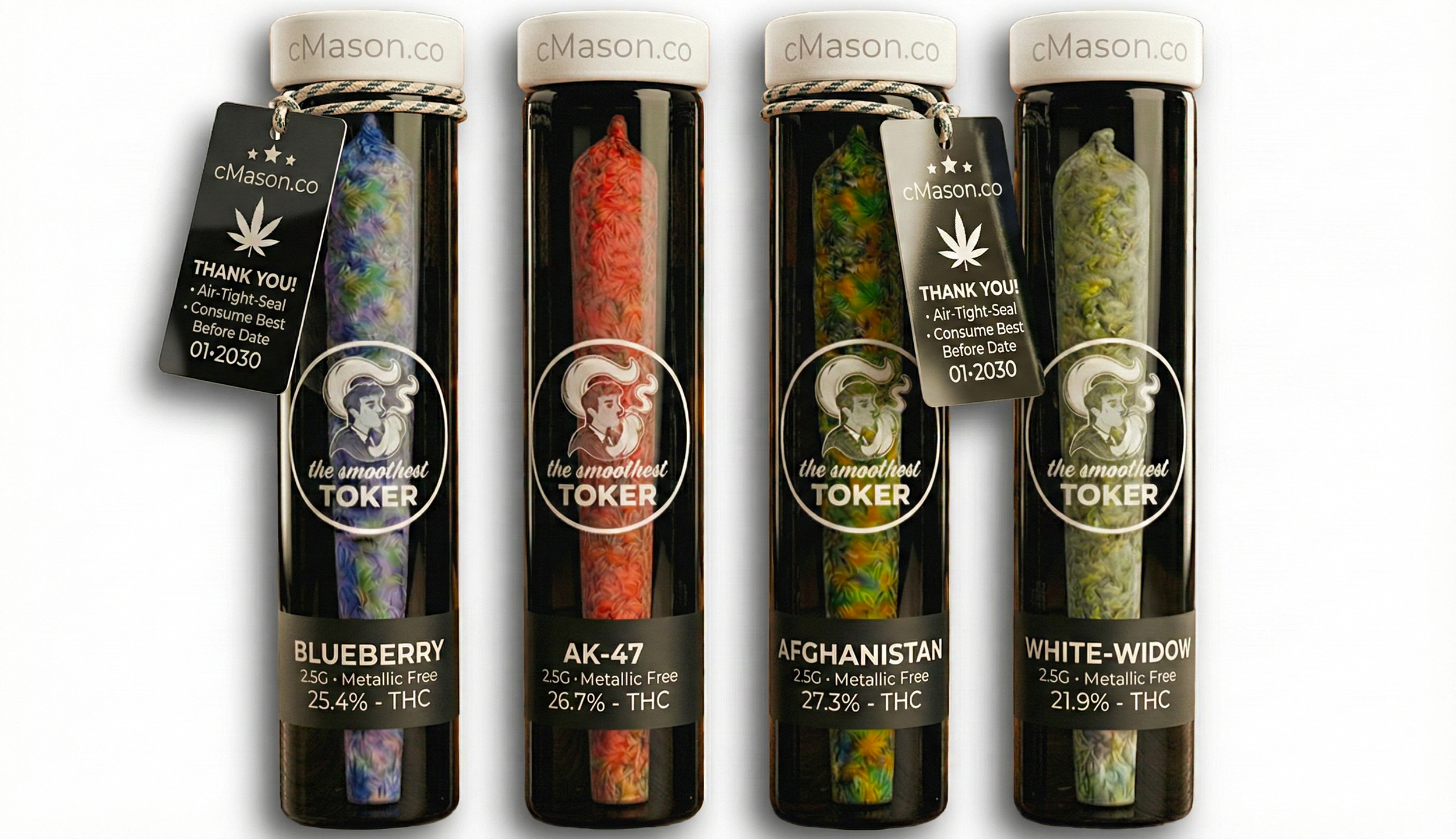Four black vape cartridge packages with colorful cartridges labeled Blueberry, AK-47, Afghanistan, and White-Window, from cMason.co, each with a thank you tag indicating a best before date of January 2030.
