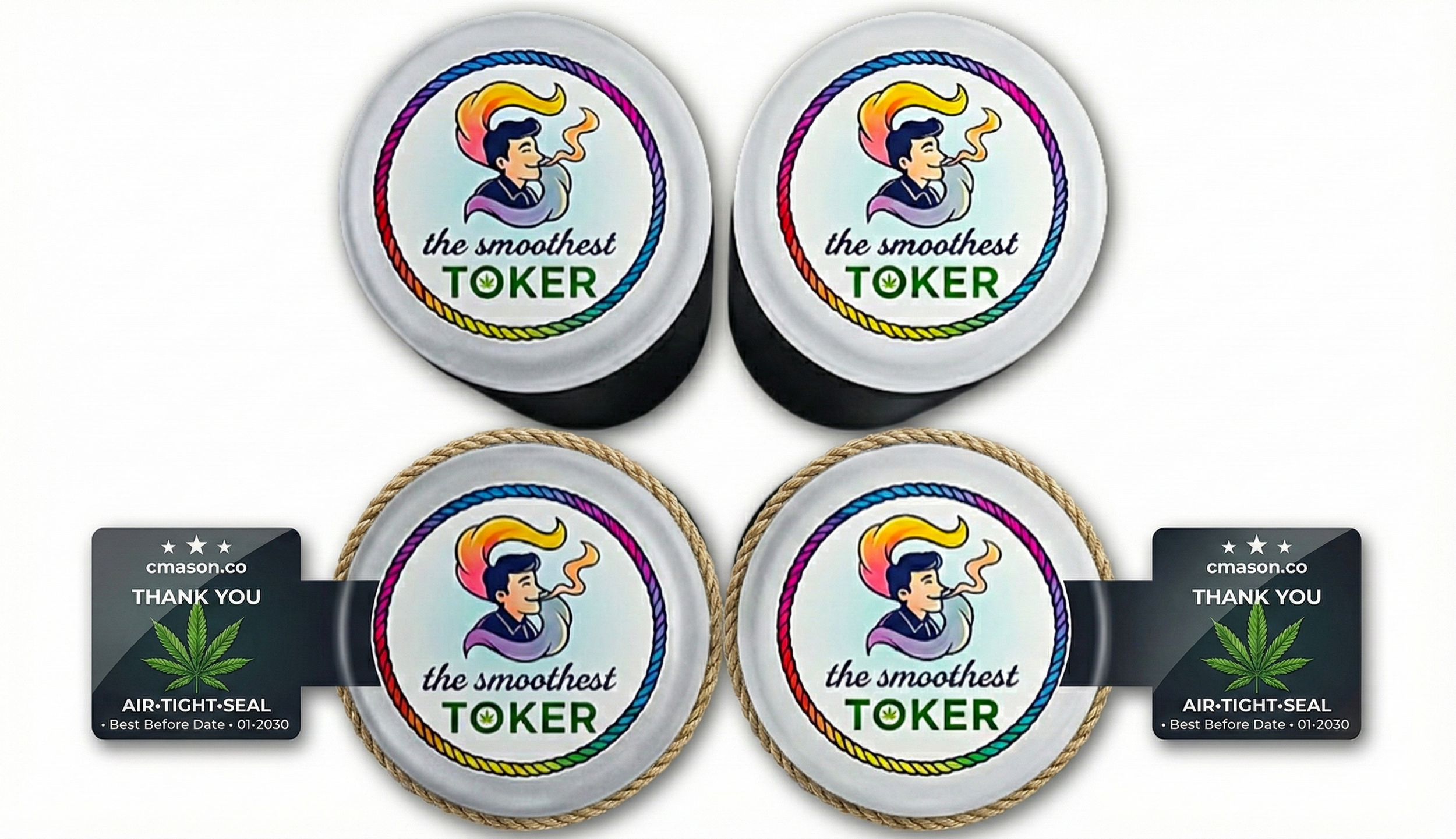 Four containers of 'the smoothest TOKER' with a colorful cartoon man smoking, arranged in a 2x2 grid. Each container has a label and a tag indicating it is air-tight with a marijuana leaf, thanking the customer, and a best by date of January 2030.