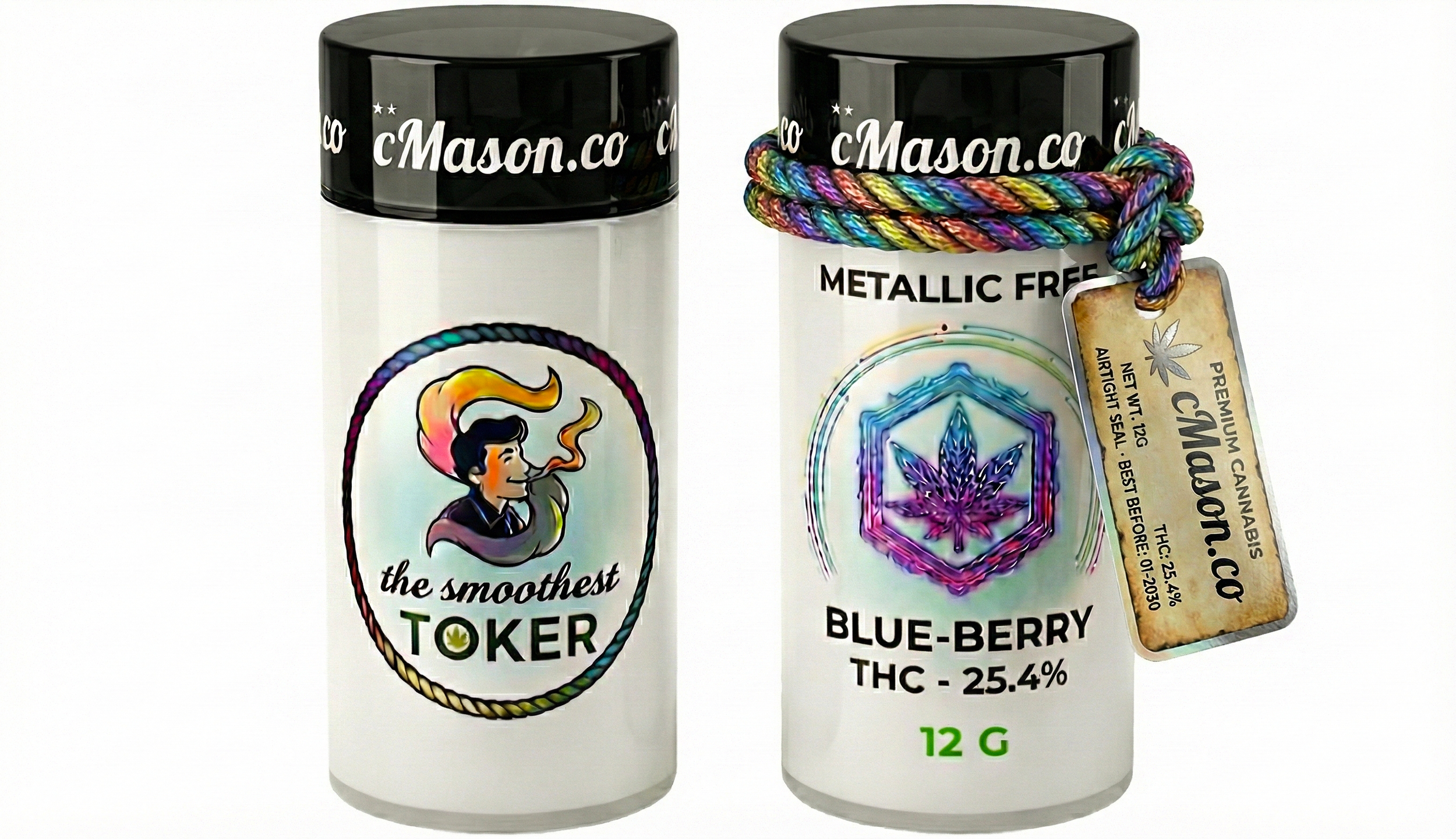 Two containers of cannabis product, one labeled 'the smoothest TOKER' with a colorful illustration of a person smoking, and the other labeled 'BLUE-BERRY THC - 25.4%' with a purple cannabis leaf logo, a multicolored rope around the neck, and a hanging tag.