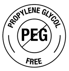 Close-up of a circular label with the text 'Propylene Glycerol Free' and 'PEG' in the center.