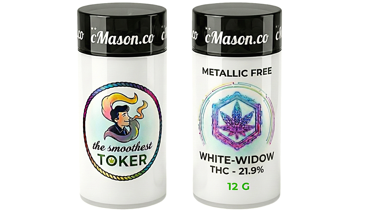 Two small containers with black lids and colorful labels, one featuring a cartoon woman smoking and the text "the Smoothest TOKER," the other indicating it is metallic free white-widow cannabis with THC content of 21.9%, and a stylized cannabis leaf logo.