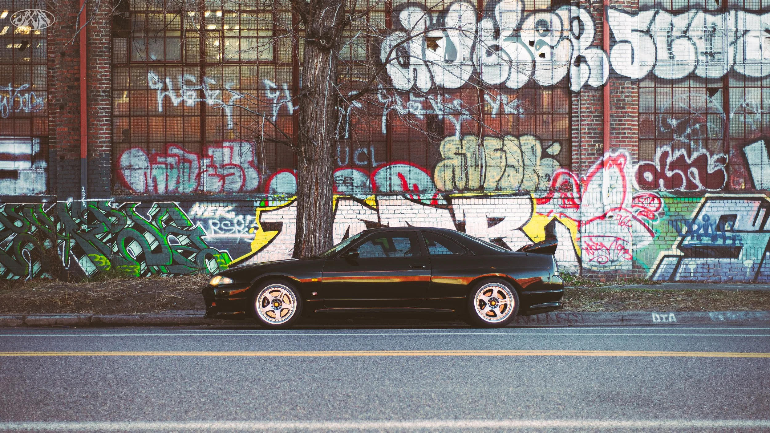 A black sports car parked in front of a graffiti-covered brick wall with a large tree growing in front of it.
