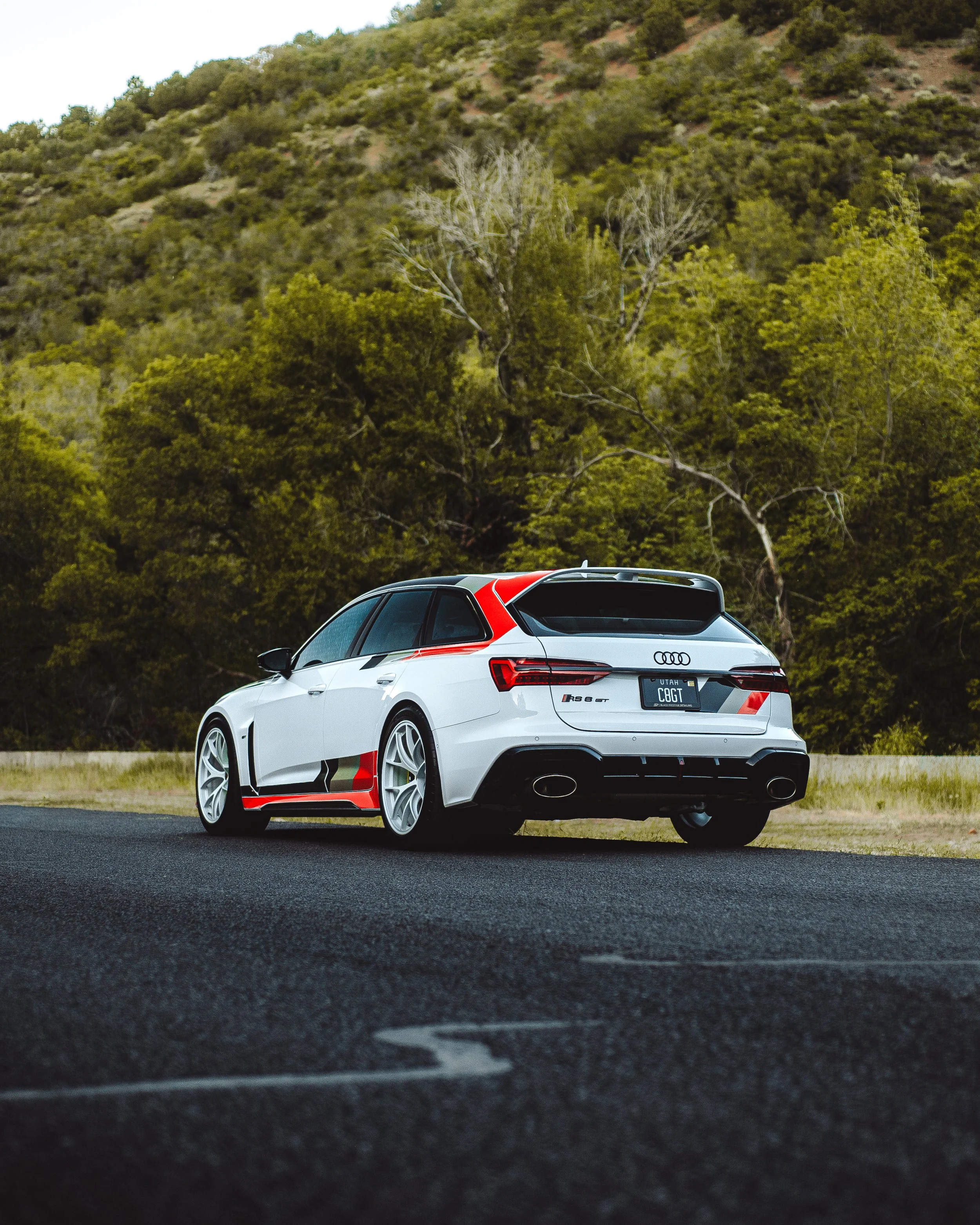 A white Audi RS Q8 sports SUV with red and black racing stripes parked on a paved surface, with a background of green hills and trees.