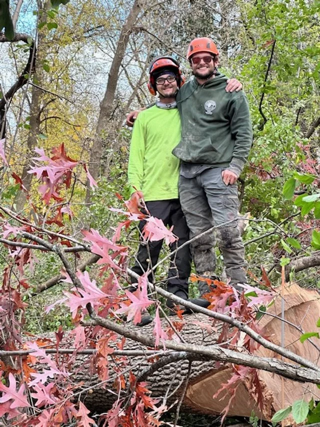 Two men standing on a fallen tree in a wooded area, both wearing safety helmets and outdoor clothing, smiling and posing for a photo.