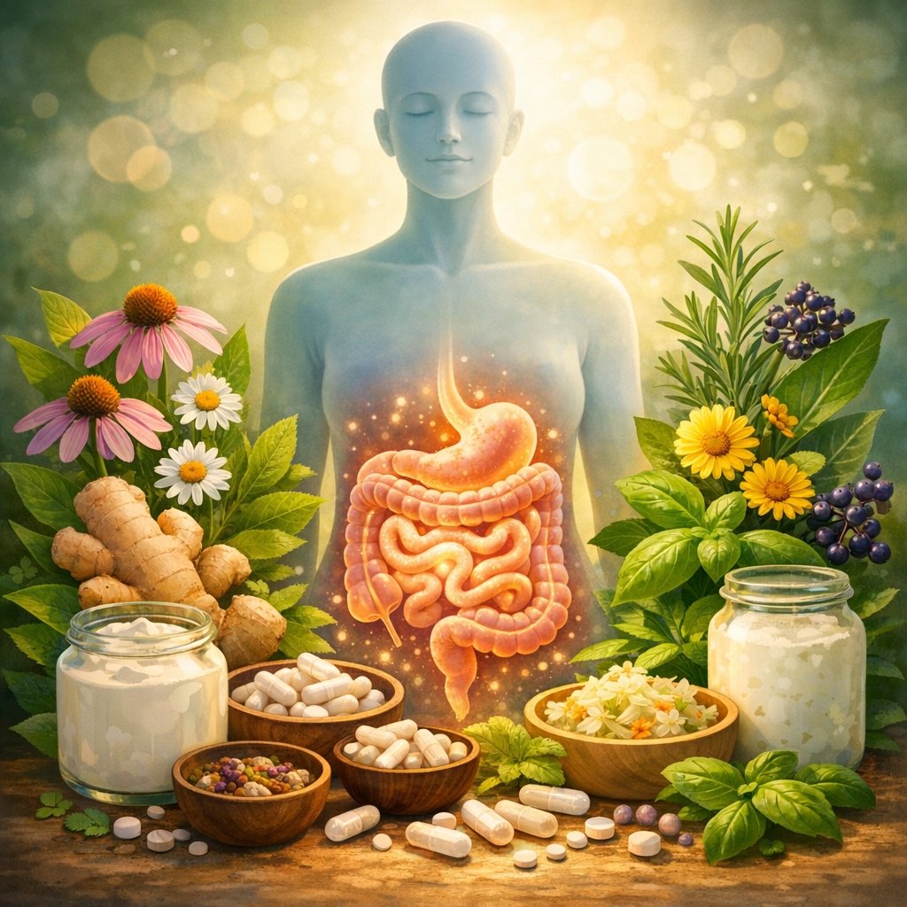 Illustration of a human figure with a focus on digestive system surrounded by herbs, flowers, and supplements, emphasizing gut health and natural remedies.
