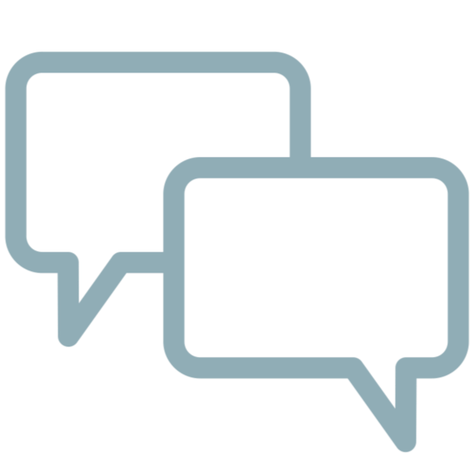 Two overlapping speech bubbles, one with a corner rounded, symbolizing conversation or communication.