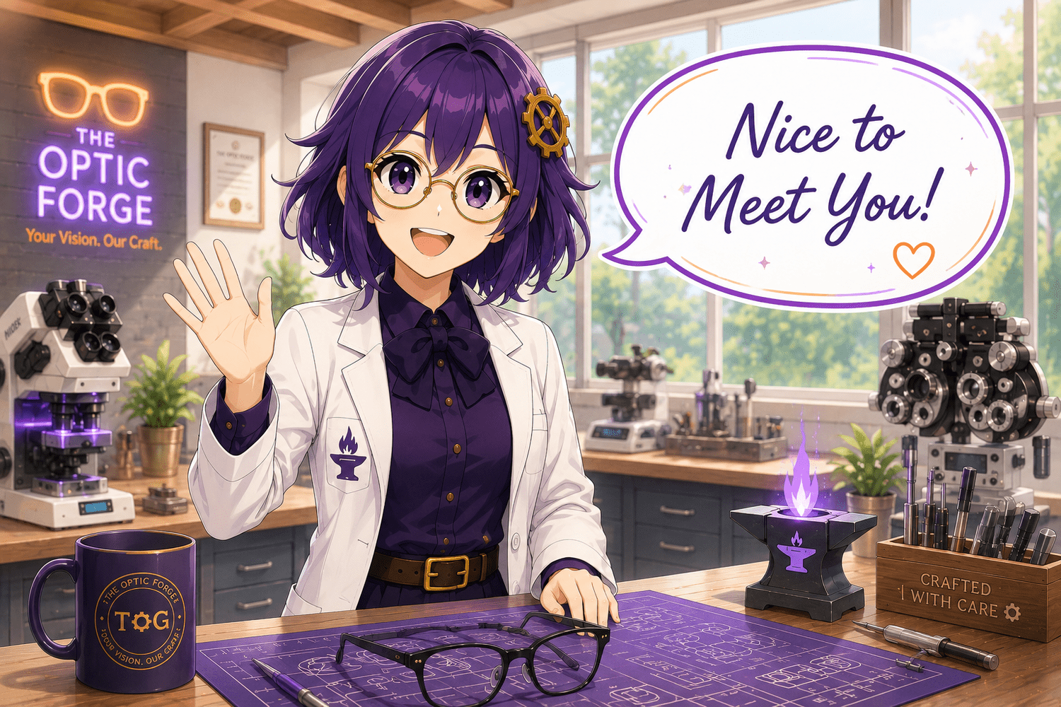 Iris saying nice to meet you inside The Optic Forge lab