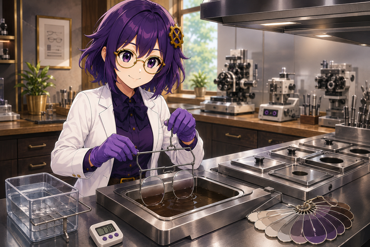 Iris carefully tinting a pair of prescription lenses in The Optic Forge laboratory
