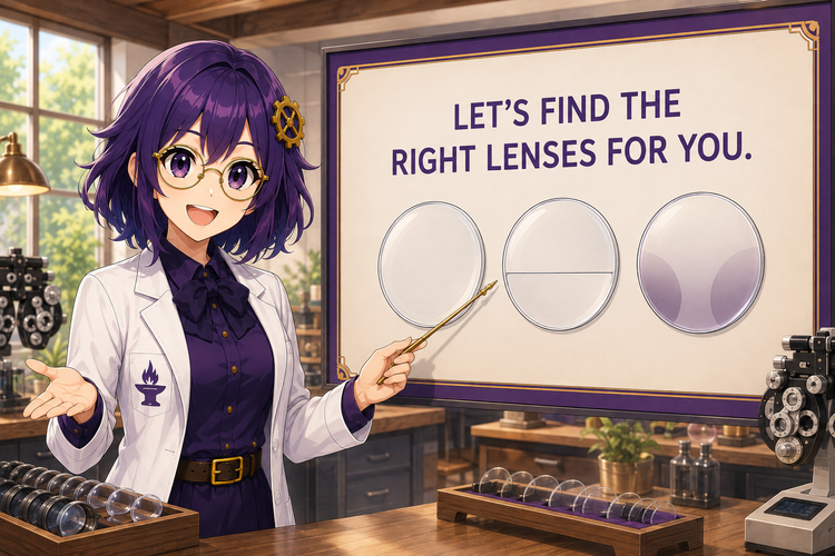 Iris presenting single-vision, lined bifocal, and progressive lens choices