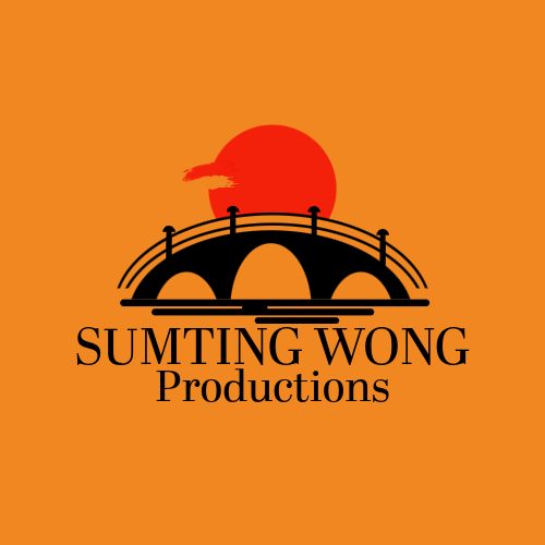 Logo for Sumting Wong Productions with a bridge and a red sun in the background on an orange background.
