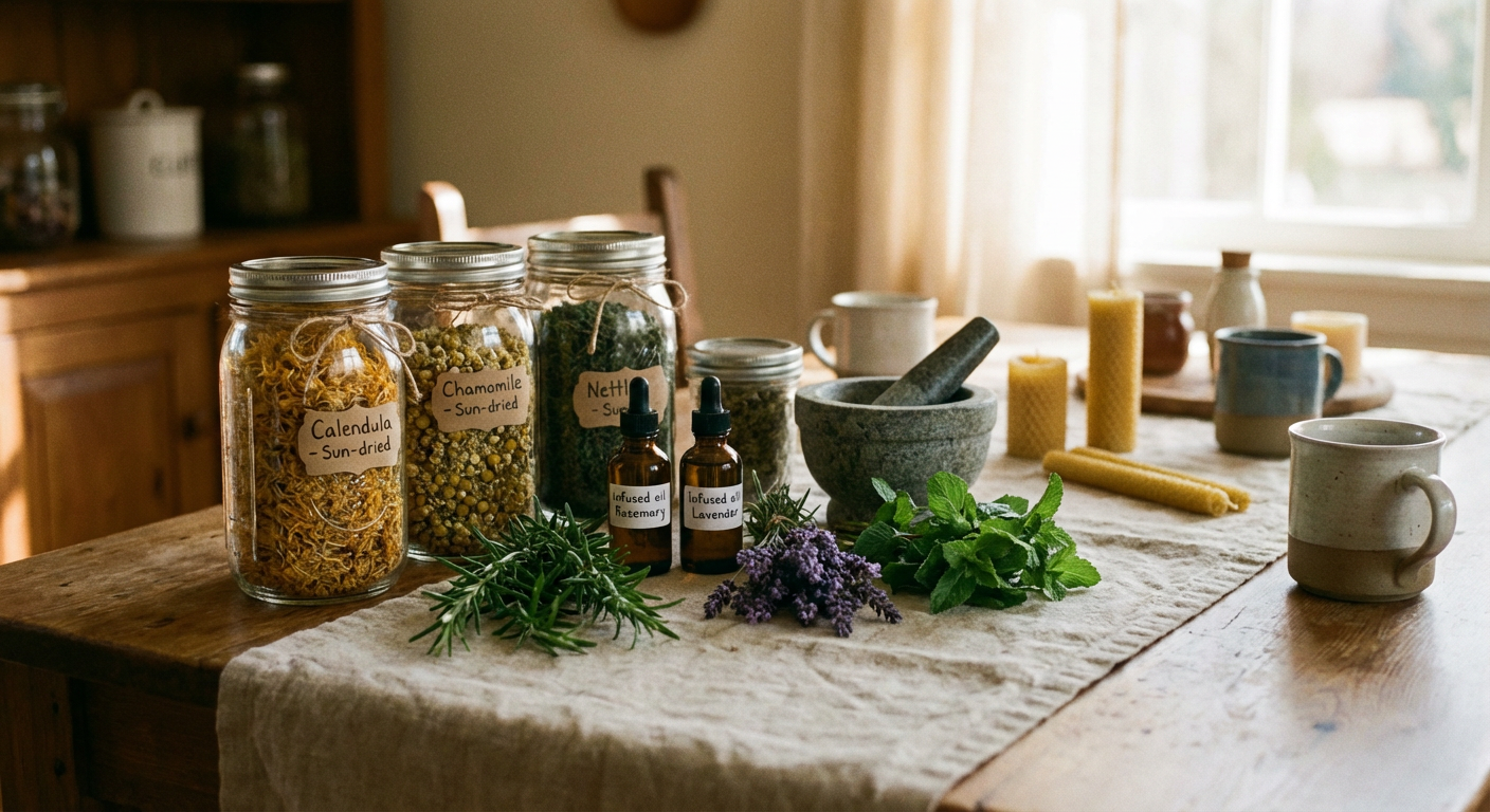 A wooden table with jars of dried herbs labeled 'Calendula,' 'Chamomile,' and 'Neti' on top, along with essential oils, fresh herbs, and candles, illuminated by natural light from a nearby window.