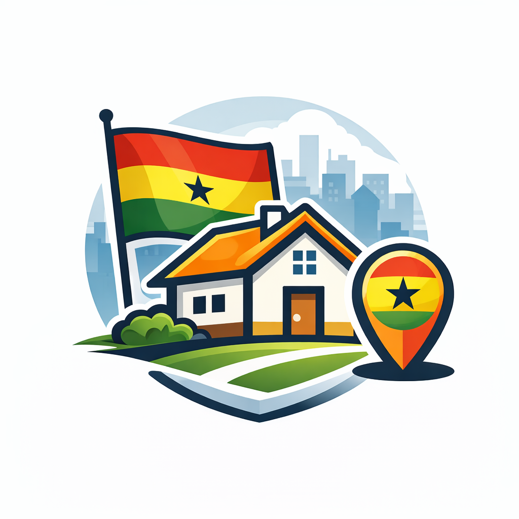 Illustration of a house with Ghanaian flag and location marker.