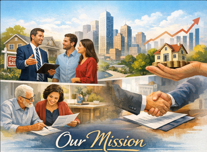 A collage of scenes related to real estate and business, showing real estate agents talking with clients, a handshake over a contract, a house with coins and a rising arrow indicating growth, all under a city skyline.