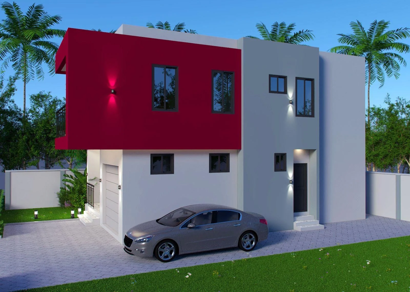 Modern two-story house with white exterior walls and a red accent wall on the upper left, multiple windows, and outdoor lighting fixtures. A gray car is parked in the driveway, and surrounded by green grass, trees, and palm trees in the background.