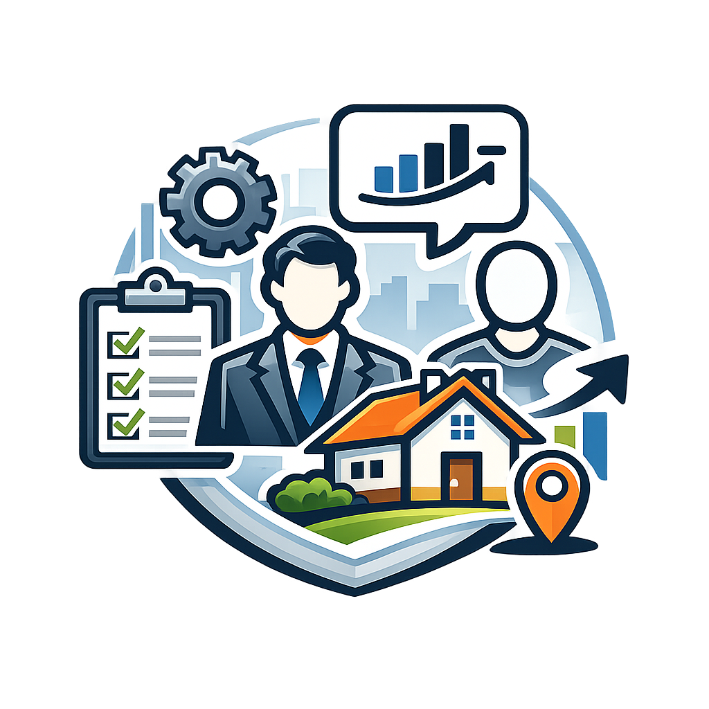Illustration of real estate and property management elements, including a house, a person in a business suit, checklists, charts, gears, and location markers, symbolizing real estate investment or property management.