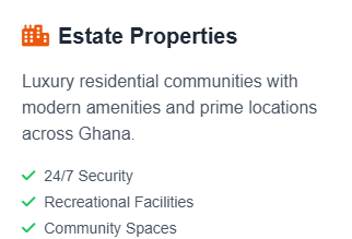 Screenshot of an estate property listing highlighting amenities such as 24/7 security, recreational facilities, and community spaces in Ghana.