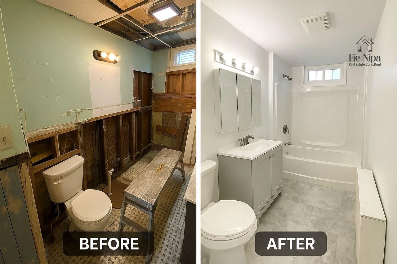 Side-by-side comparison of a bathroom before and after renovation. The "Before" shows an unfinished space with exposed wall studs, a wooden bench, and a single light fixture. The "After" features a modern, clean bathroom with white walls, a vanity with a mirror cabinet, a toilet, and a bathtub with a showerhead.