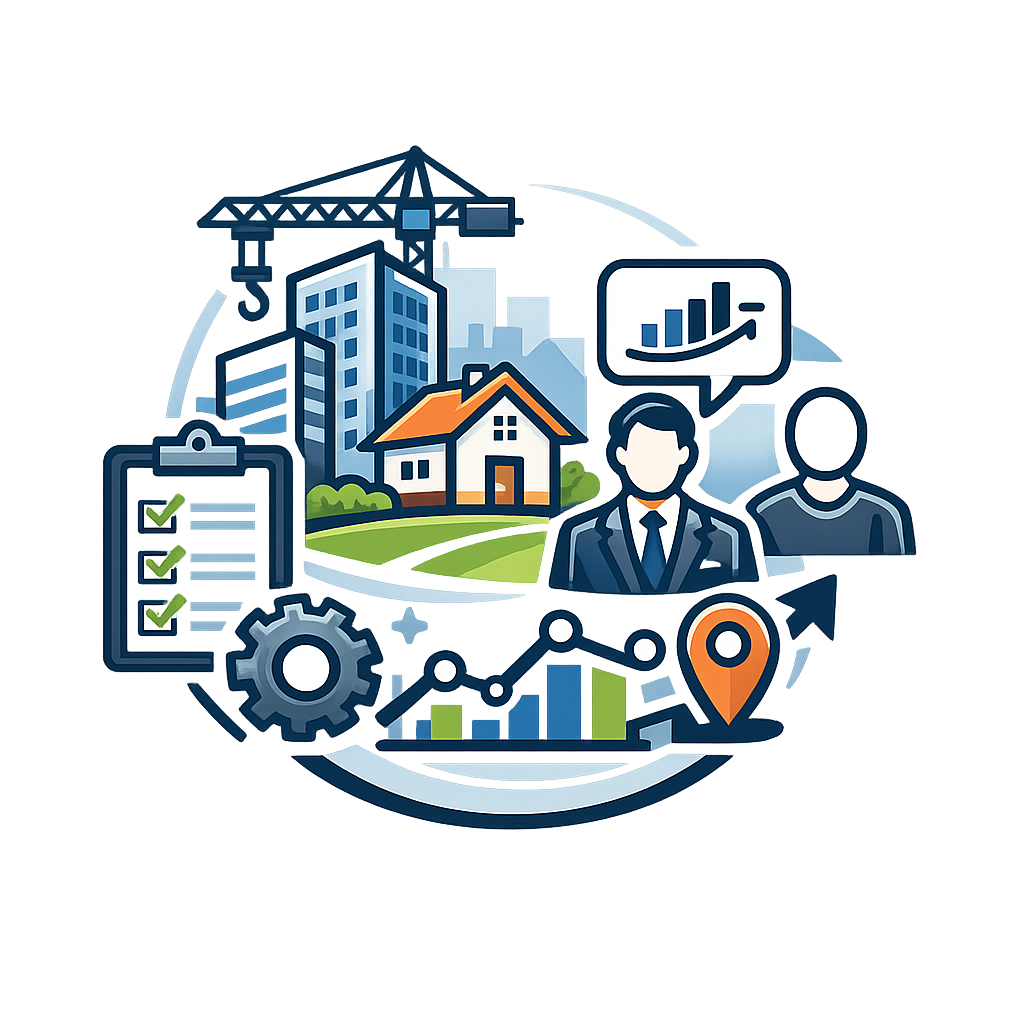Illustration of real estate development, including a crane, buildings, a house, business people, a chart showing growth, street map marker, and checklists, representing construction, real estate, and property management.