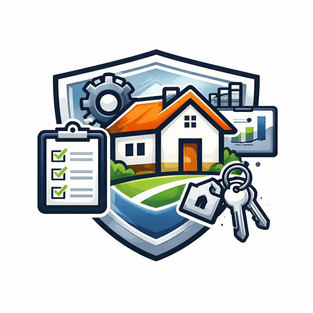 Illustration of a house with a shield featuring a house icon, surrounded by a gear, a clipboard with checkmarks, a digital graph, and keys.
