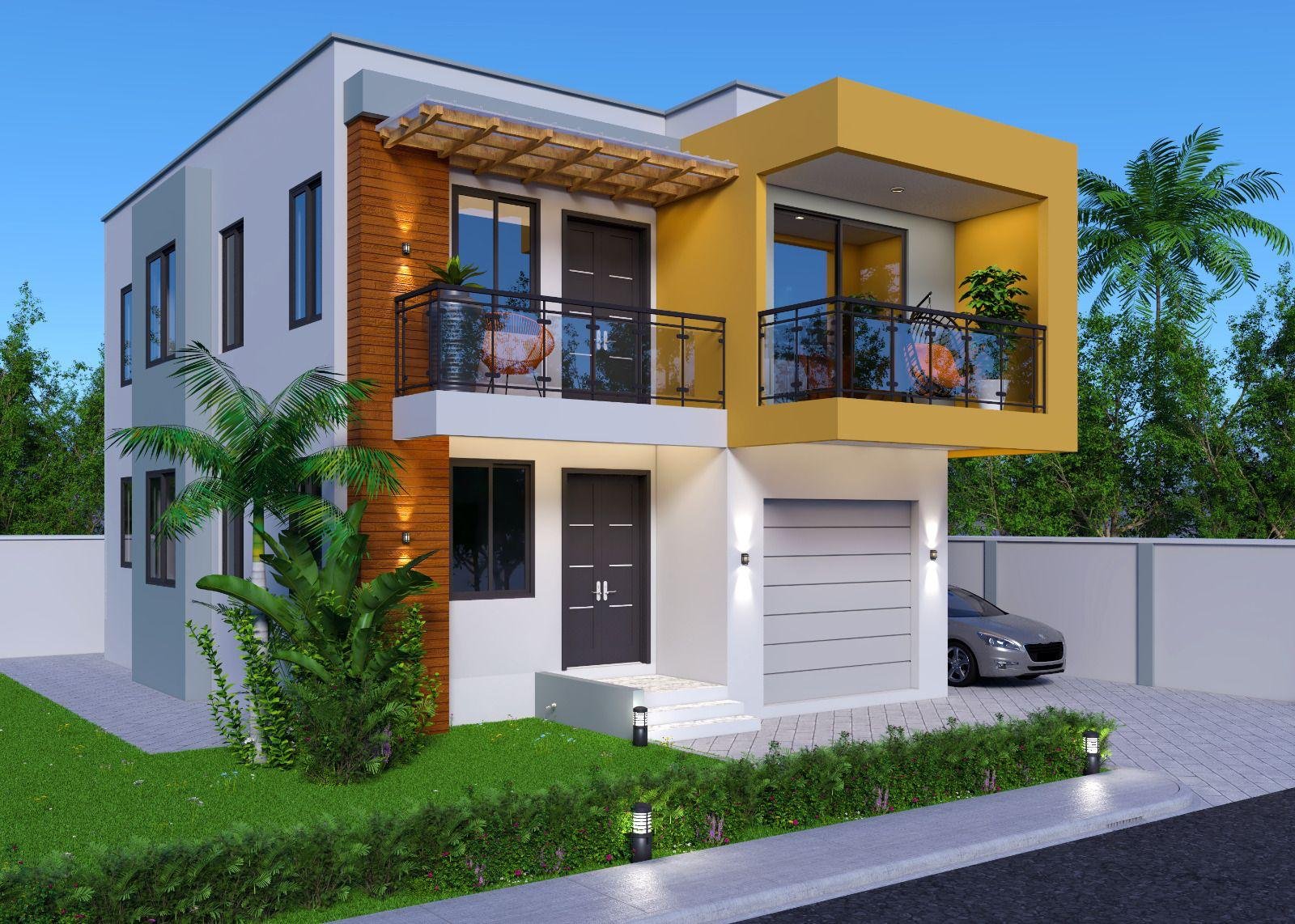 Modern two-story house with a garden, balcony, and garage, featuring white, yellow, and wood accents, with palm trees and outdoor lighting.