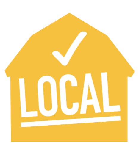Yellow house-shaped sign with a black checkmark and the word "Local" underneath.