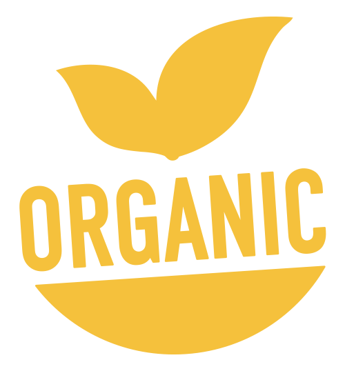A logo featuring a stylized yellow leaf above the word 'ORGANIC' in bold yellow letters with a curved yellow line beneath it.