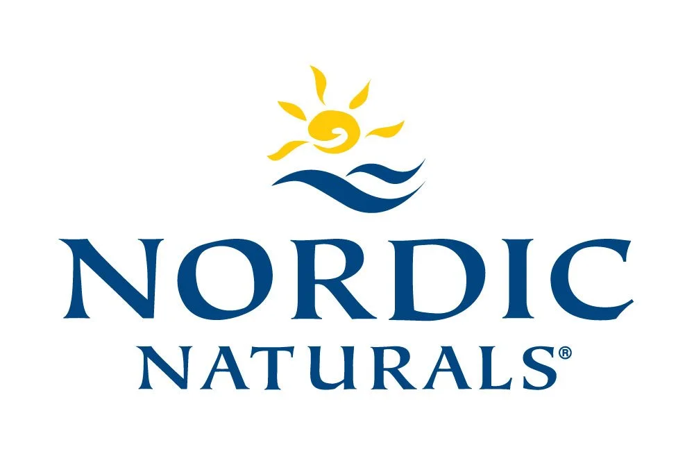 Logo for Nordic Naturals featuring a stylized yellow sun, a wavy blue line representing water, and the text 'NORDIC NATURALS' in blue.